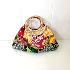 Ankara Boho Multicolored Purse with Rattan Handles